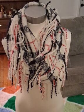 Cozy Cream Plaid Infinity Scarf with Fringe